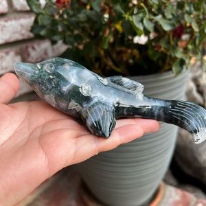 Green Moss Agate Dolphin Carving with Dendritic